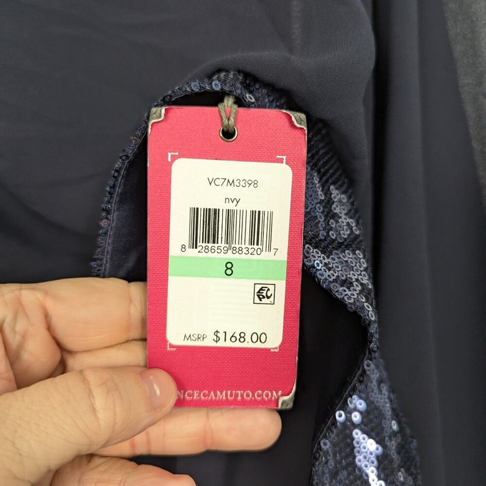 Vince Camuto Cape Sheath Dress 8 Navy Sequin Trim Cocktail NWT - Picture 8 of 9